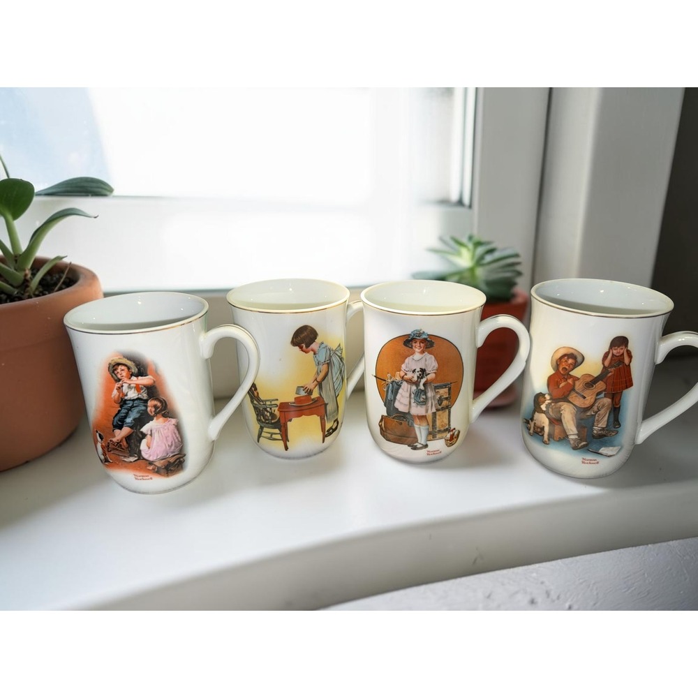 Vintage 1981 Norman Rockwell Museum Coffee Mugs Set of 4 Gold Trim Porcelain